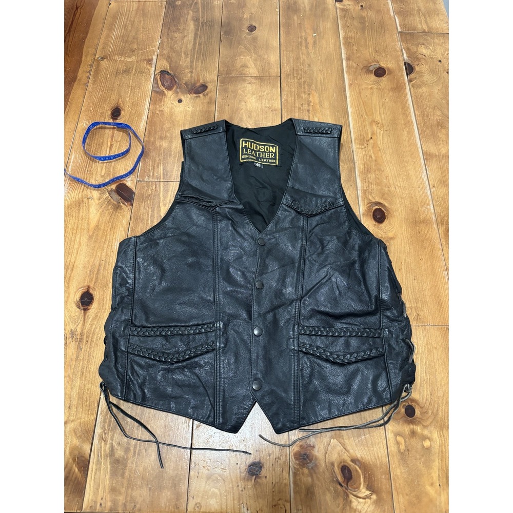 Hudson Leather Men's Black Genuine Leather Motorcycle Biker Vest Size 46 Laced